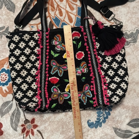 America and Beyond Butterfly Embroidered Black and Pink Tote Bag - Picture 3 of 11